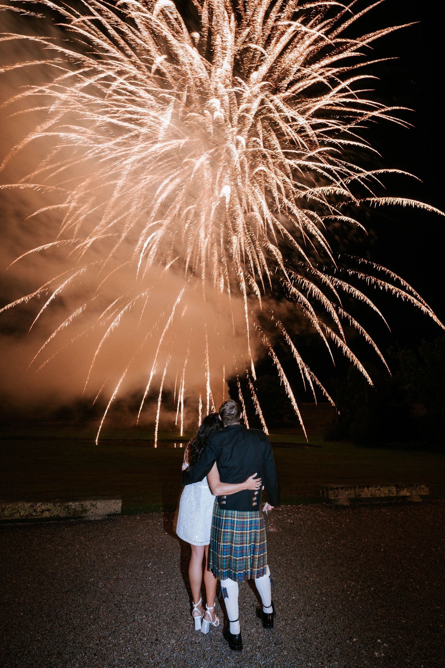 Beautiful fireworks display illuminating the night sky in golden sparkles.