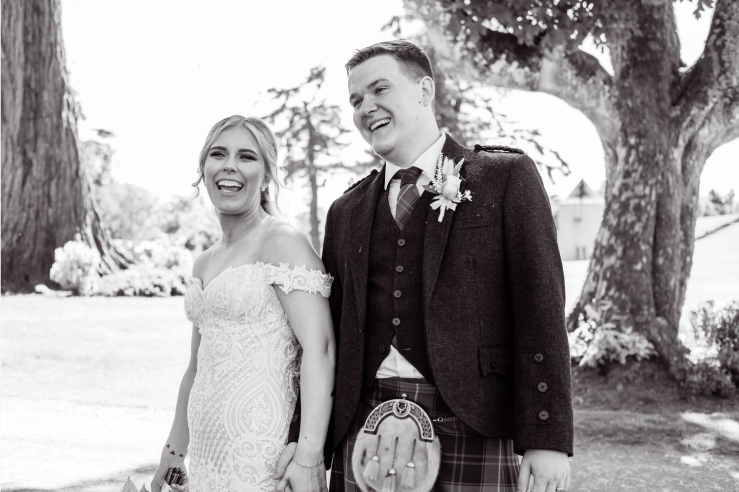 Black and white wedding photos showing joyful couples celebrating their special day outdoors.