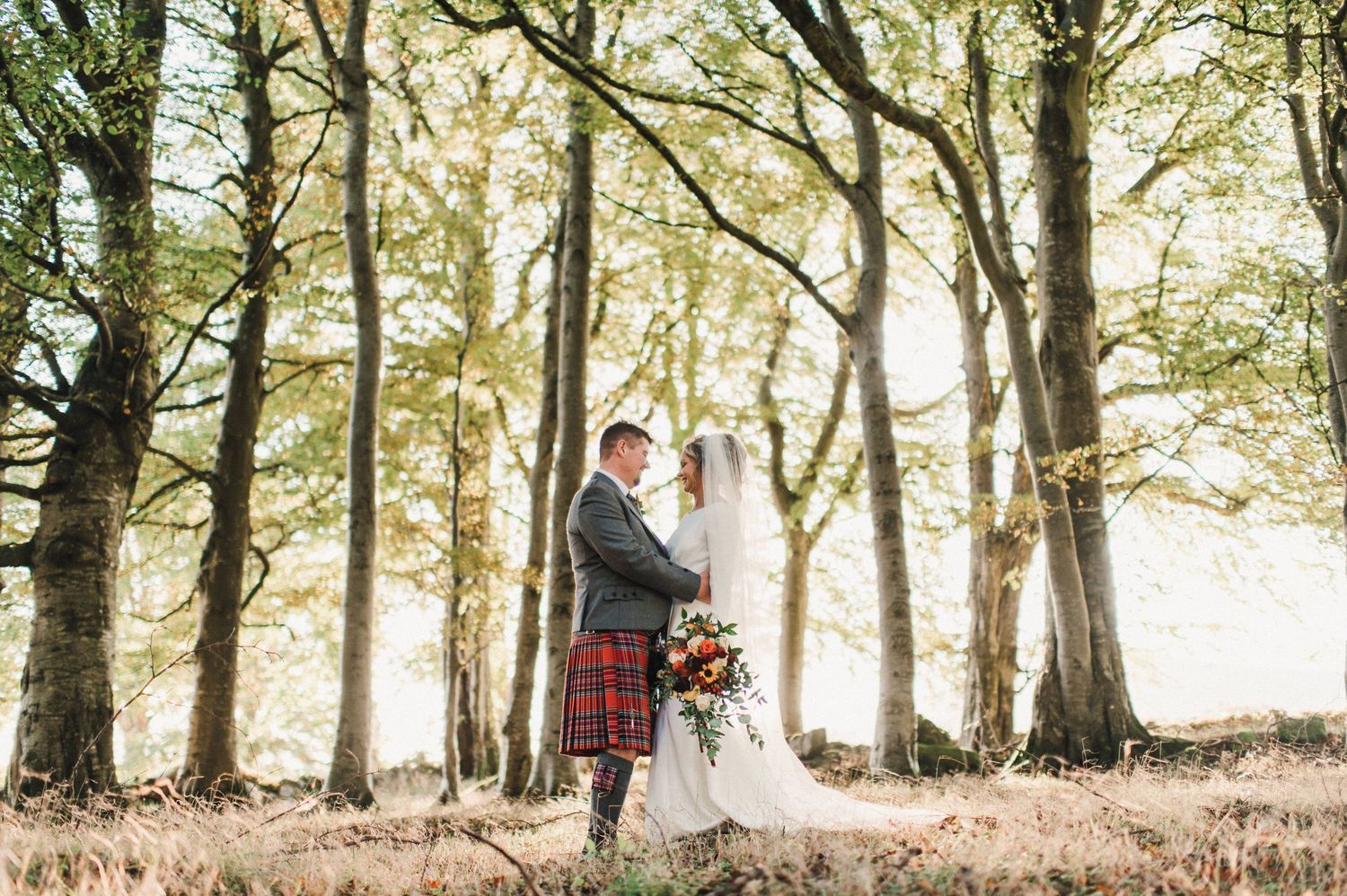 Scottish wedding couple pose among tall trees in dappled sunlight.