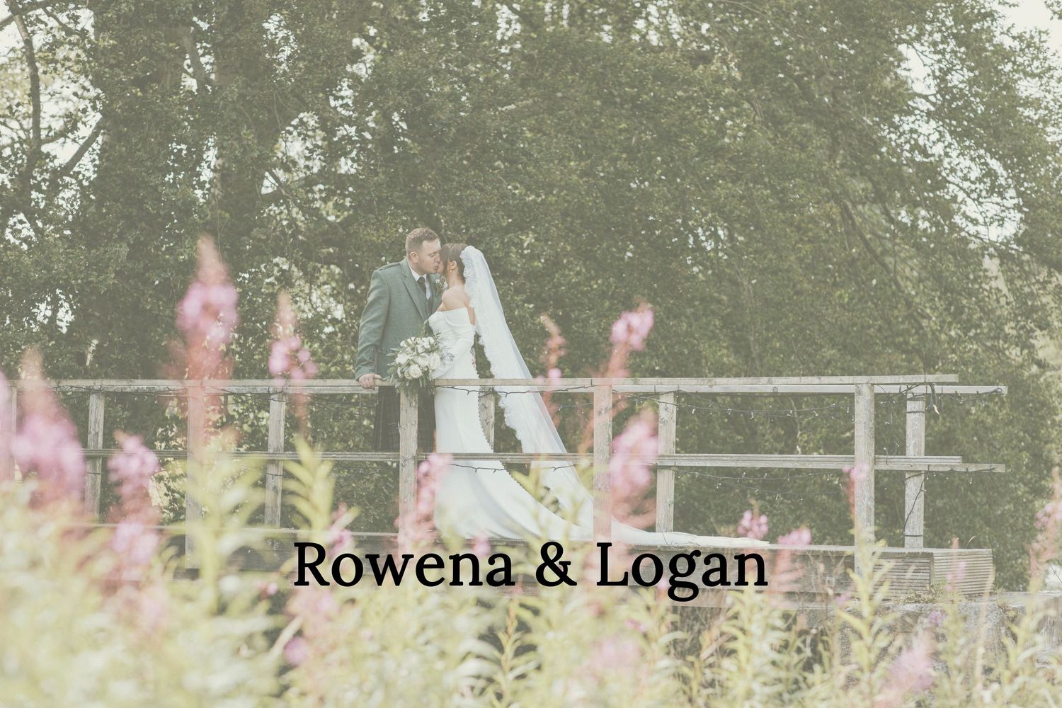 A couple walks through a garden path with tall pink flowers and greenery in the background. Logie Country House Wedding.