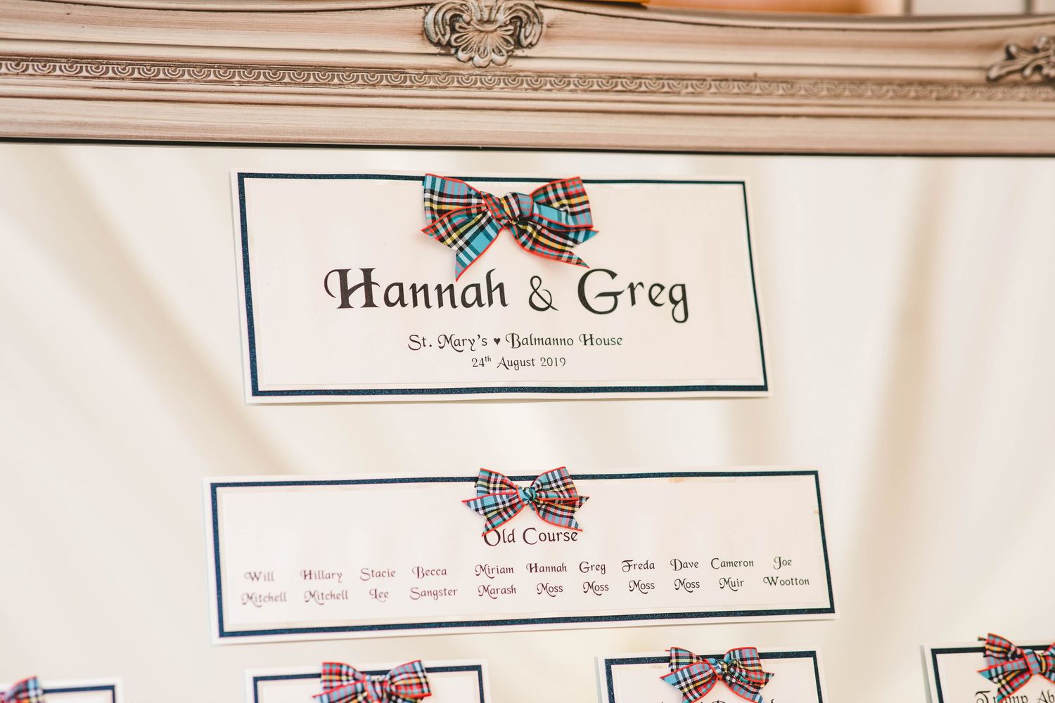 A wedding seating chart decorated with blue floral details displays guest names and table assignments.