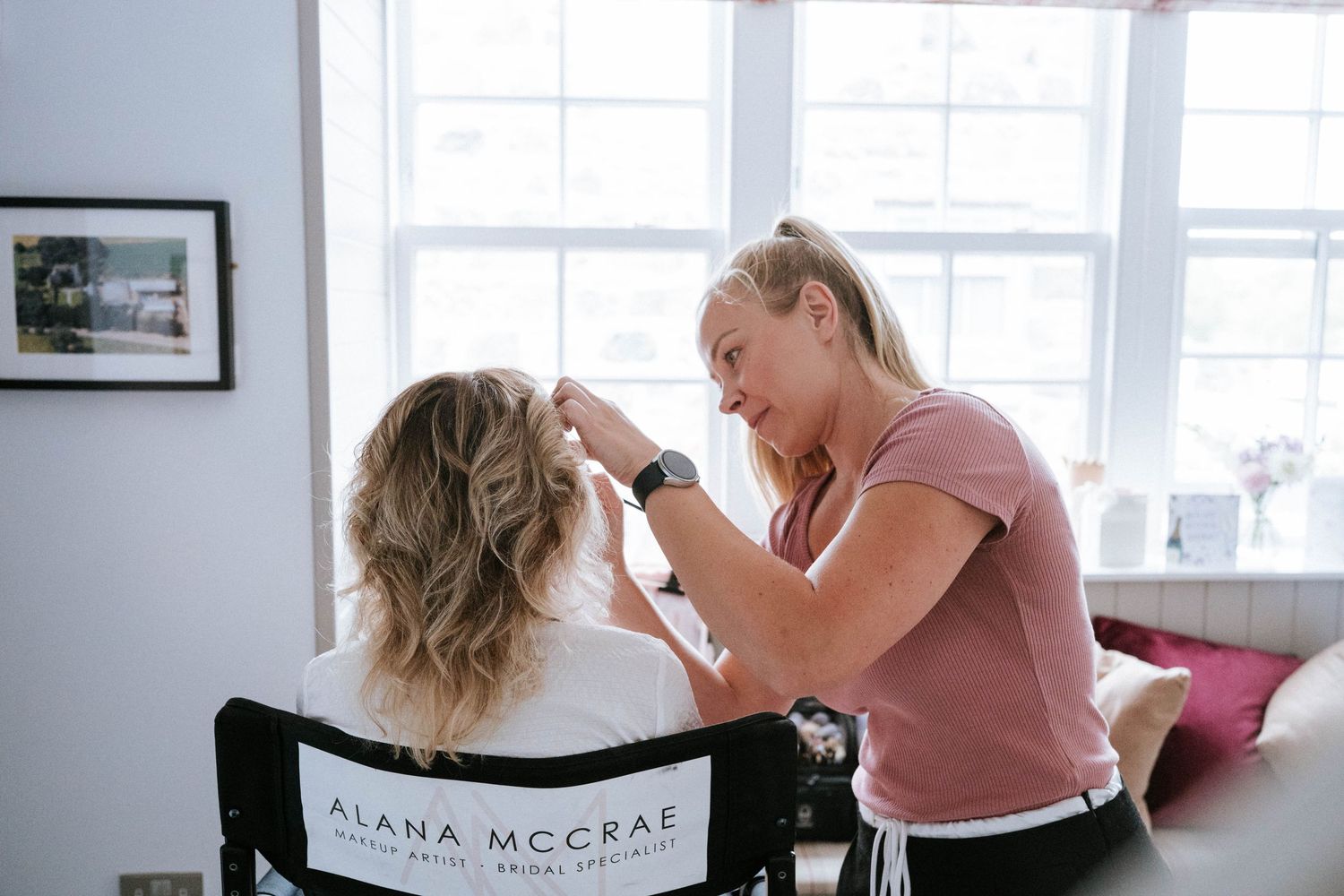Wedding preparations captured in intimate moments in a bright indoor setting.