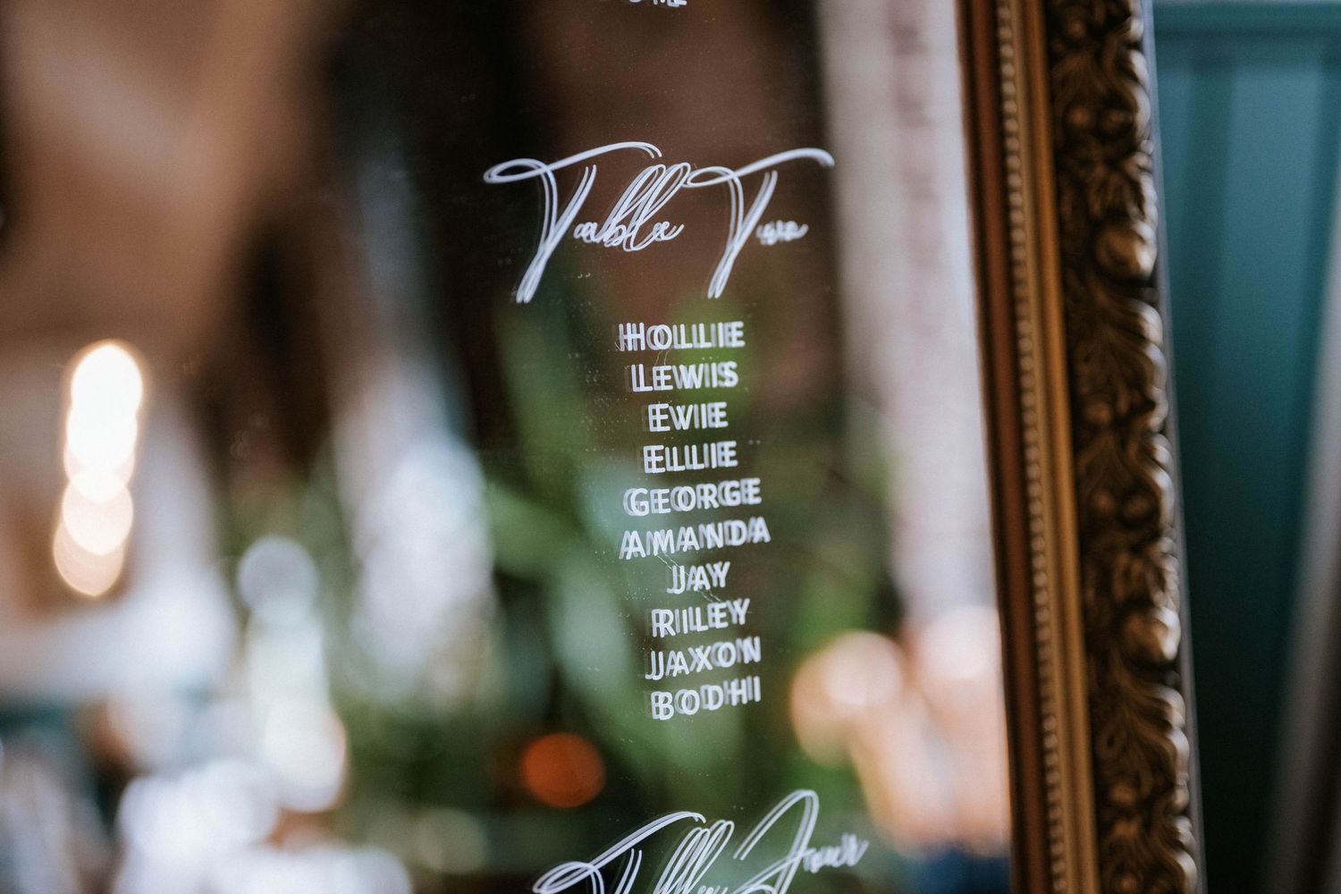 Elegant framed wedding signage with calligraphy text in ornate gold frame.