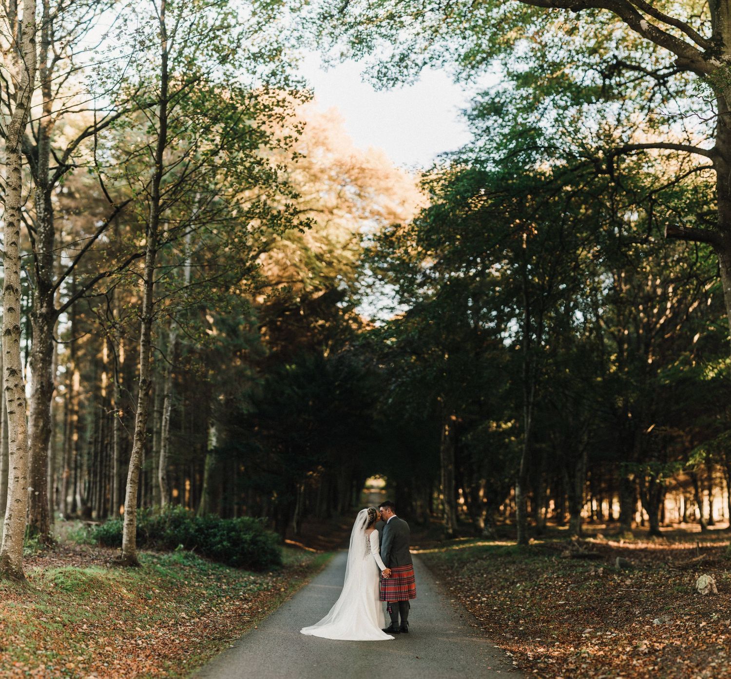 Wedding couple walking down tree-lined path in autumn forest.