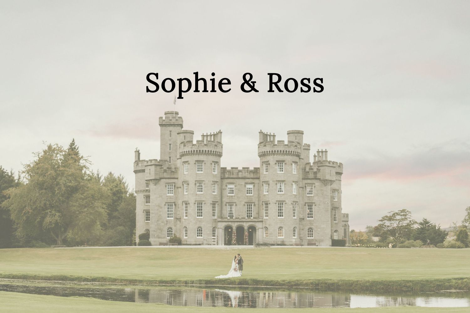 Elegant historic mansion wedding venue with manicured grounds under an overcast sky. Cluny Castle Wedding Photography.
