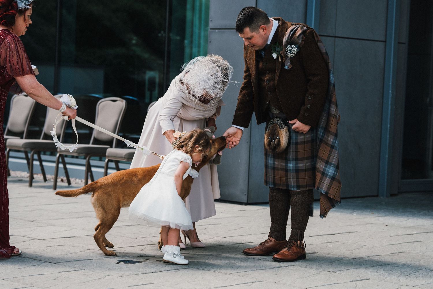 A playful dog jumps up excitedly during a formal wedding event.