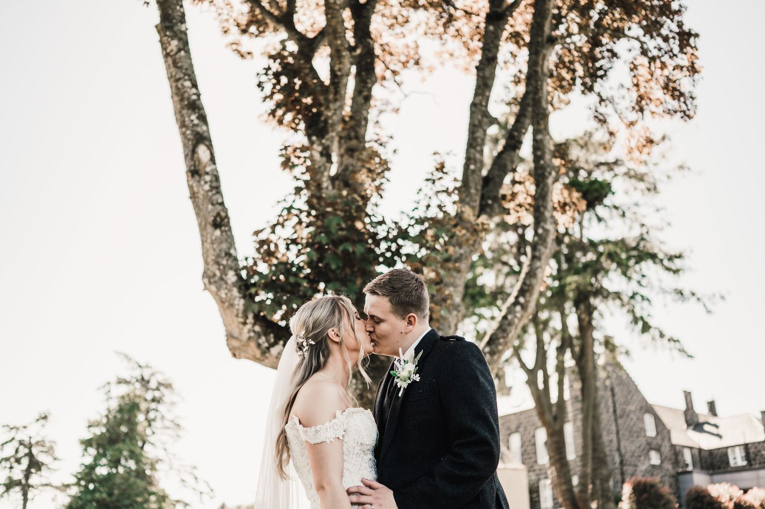 Romantic wedding couple portrait beneath tall trees on sunny day.