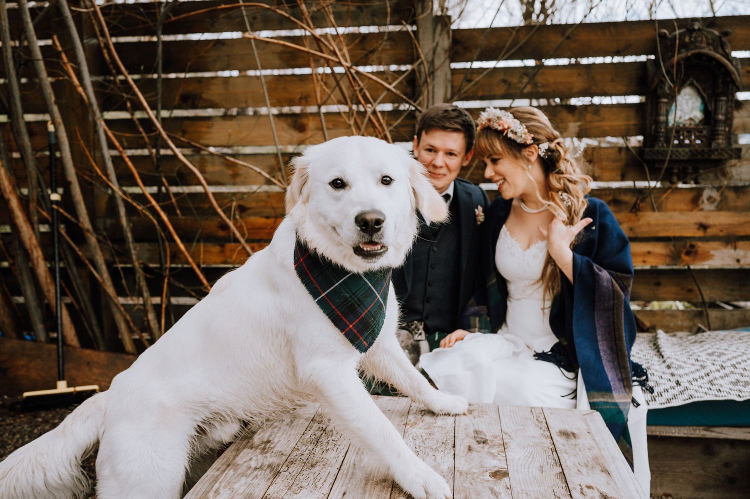Couple sits with large white dog on rustic wooden deck.