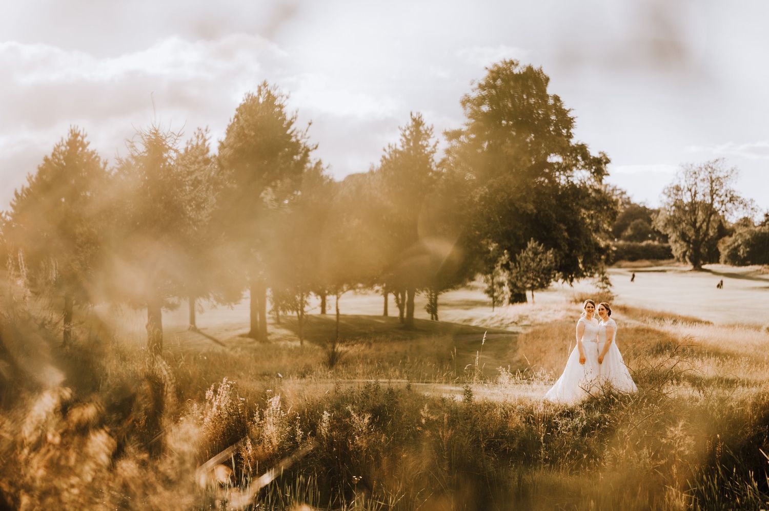 Golden hour sunlight illuminates a dreamy outdoor wedding scene with natural landscape. Meldrum House Wedding Photography.