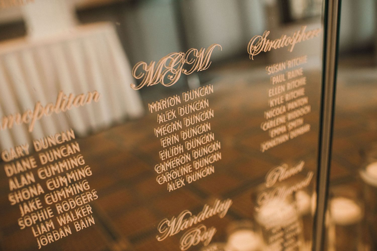 Wedding guest list or seating chart with elegant gold lettering on reflective surface.