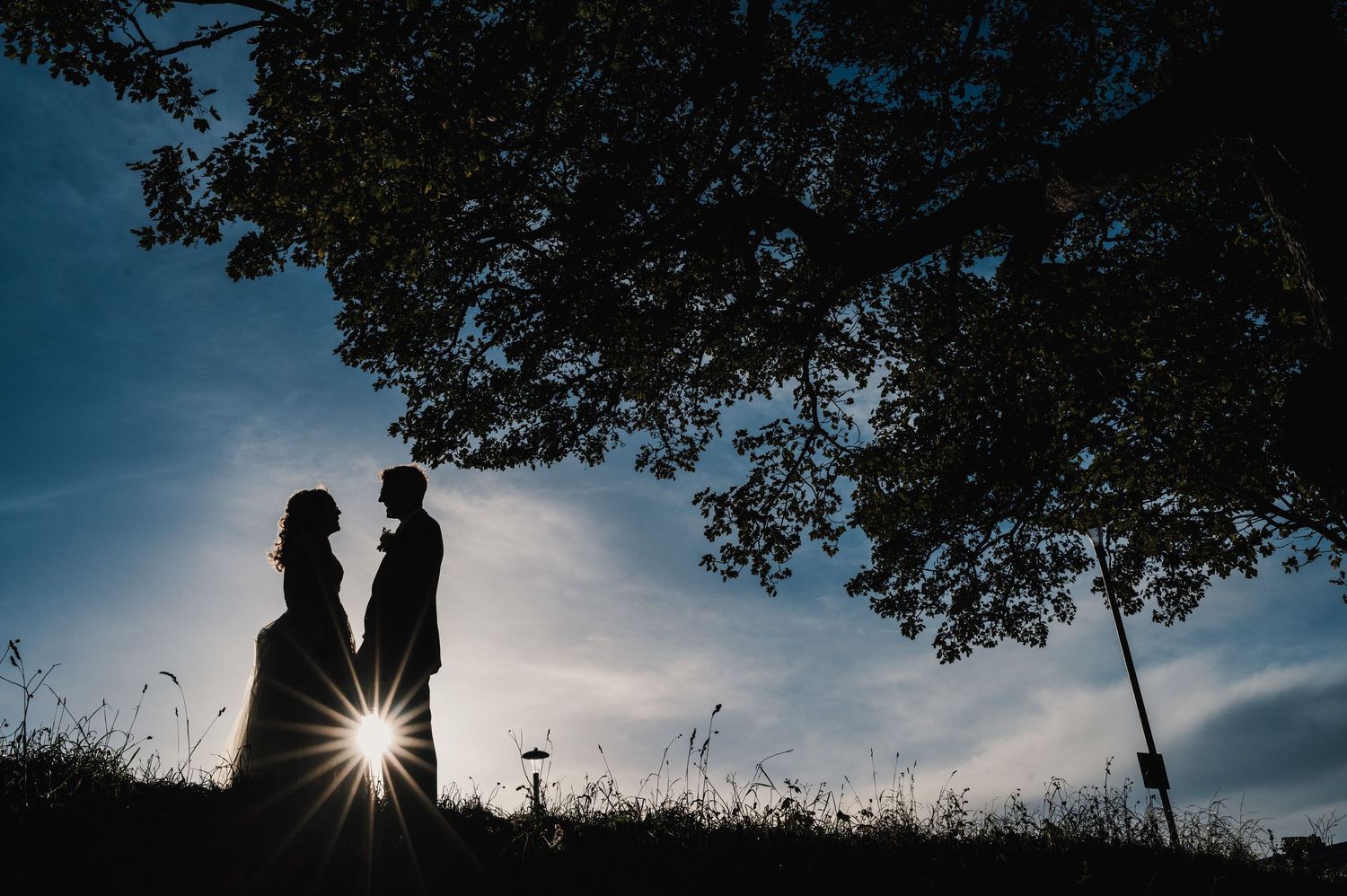 Aberdeen Wedding Photography. Silhouetted figures stand against a dramatic sunset sky with tree branches framing the scene.