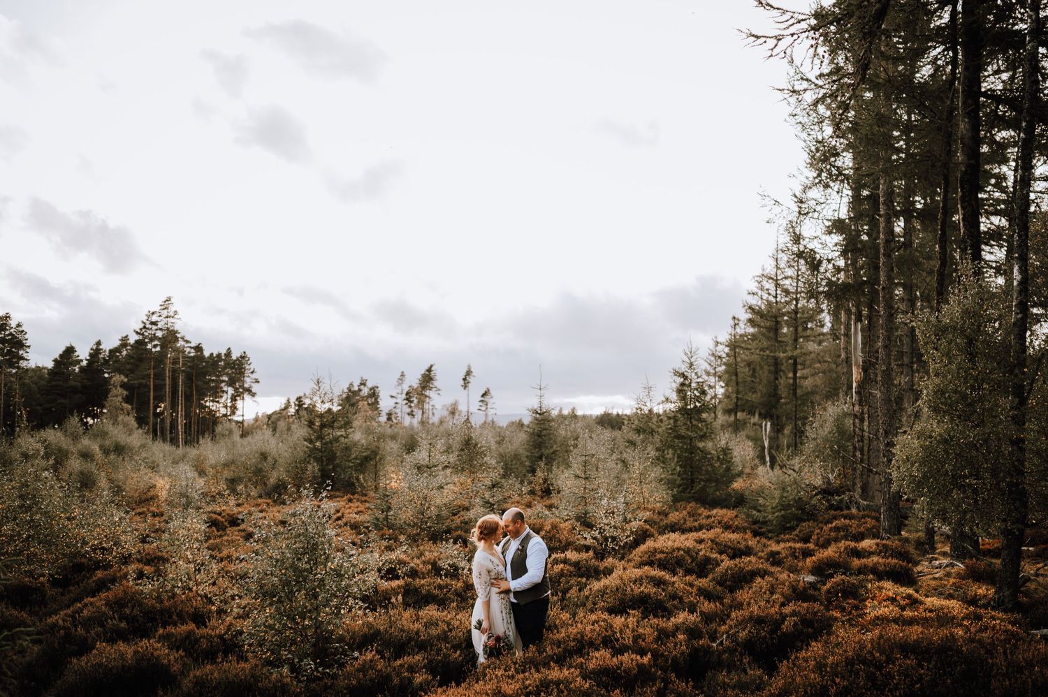 Couple embraces in a scenic forest clearing with autumn heather and evergreen trees under cloudy skies.