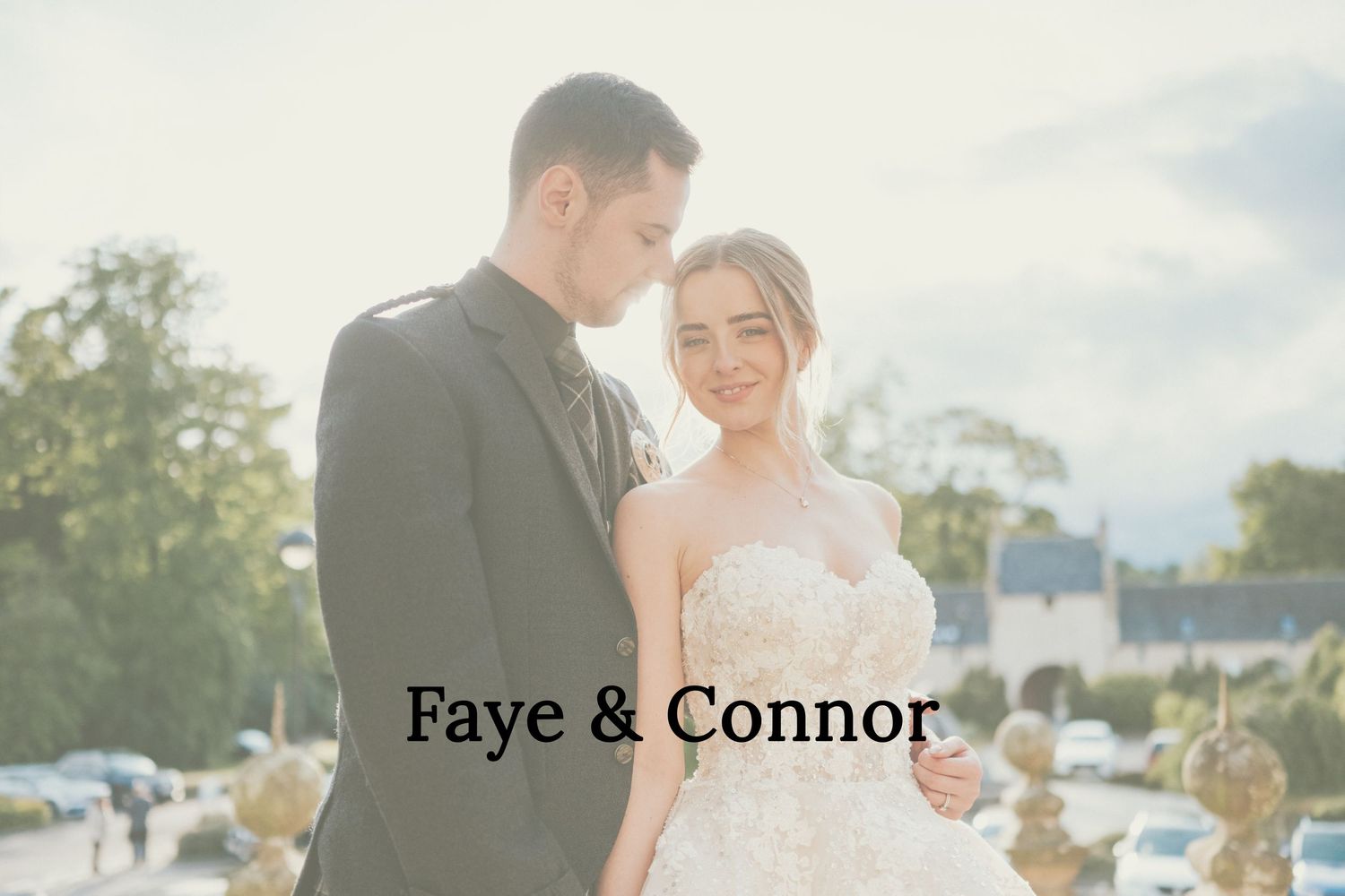 Wedding couple sharing tender moment in garden setting with natural sunlight. Meldrum House  Wedding Photography.