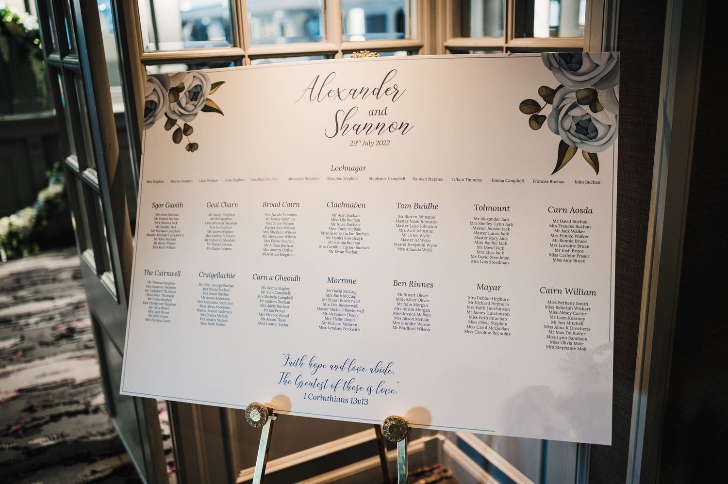 Floral-themed wedding seating chart displayed on easel with elegant typography.