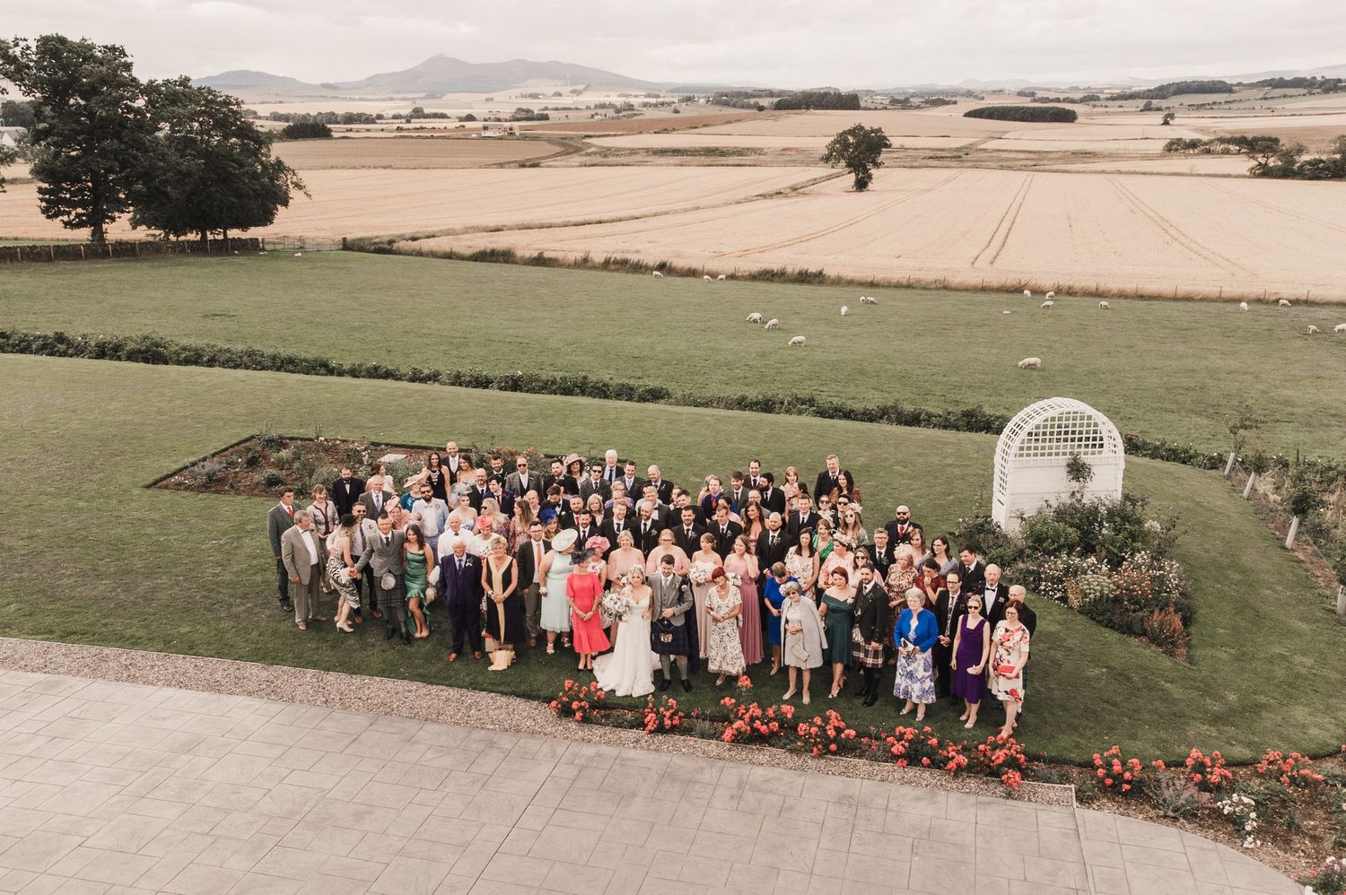 Aerial view of wedding guests gathered for a group photo on a hilltop with scenic rural backdrop.