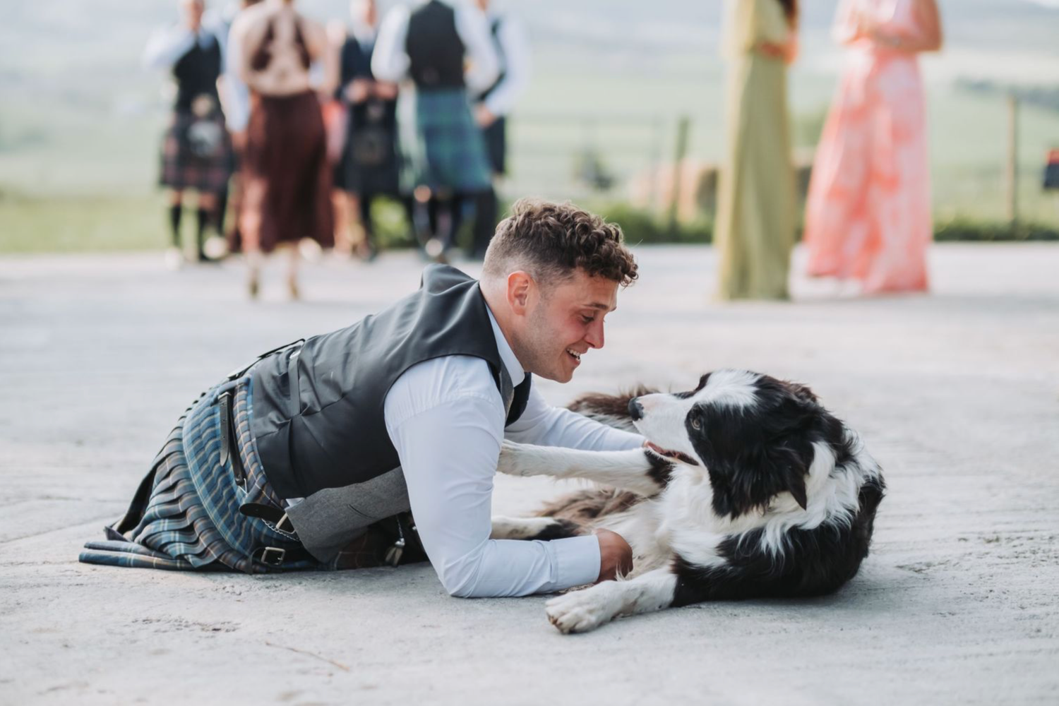 Person lying on ground playing with a black and white Border Collie dog in a series of candid action shots.