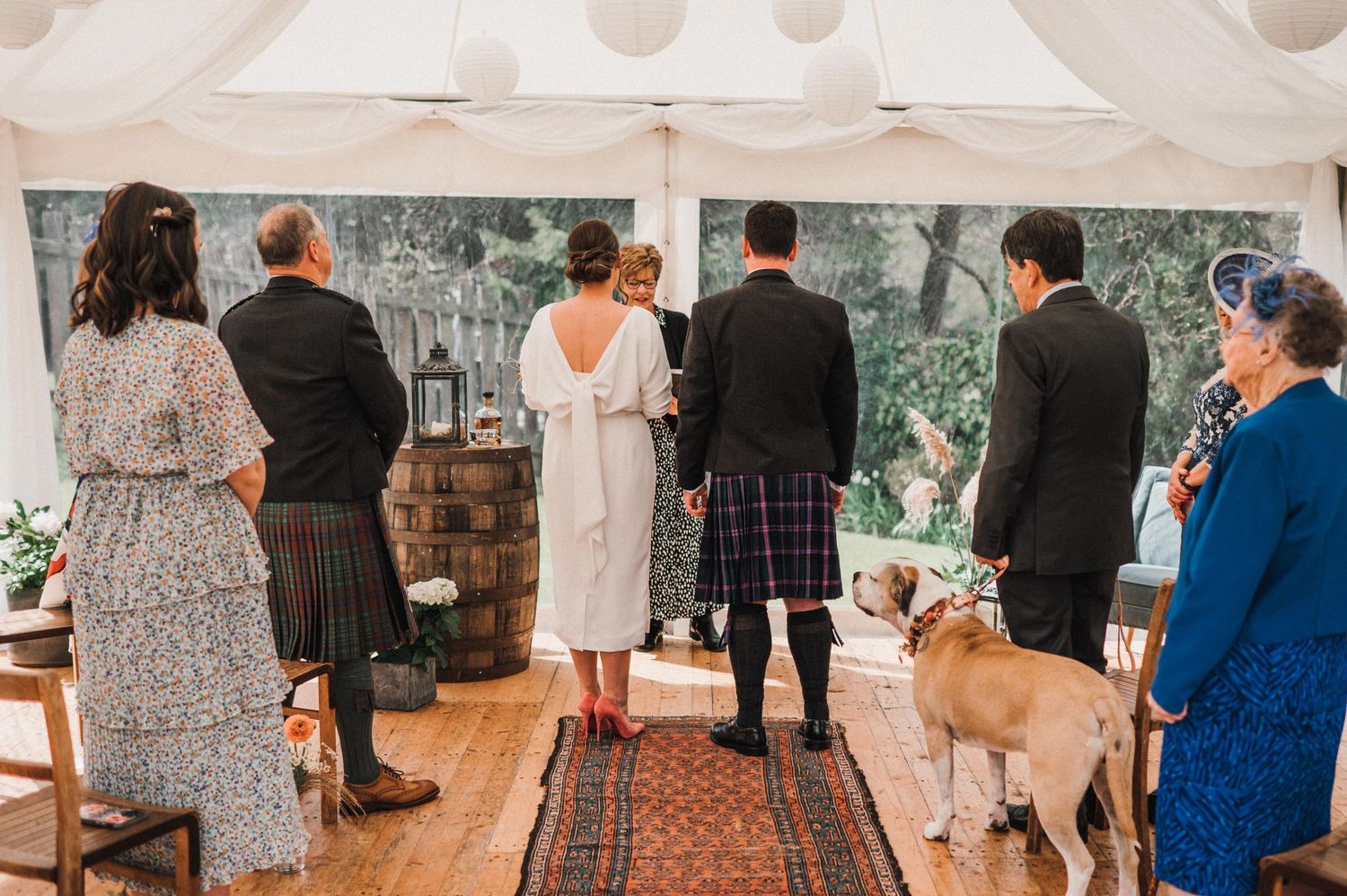 Small wedding ceremony in a tent with guests and a dog watching the proceedings at the altar.