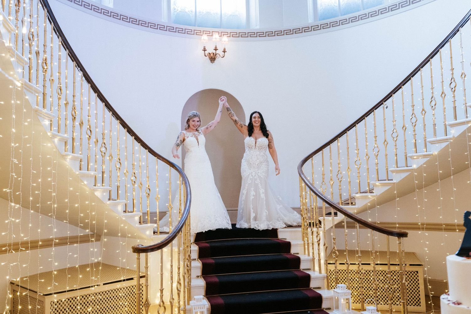 Aberdeen Wedding Photography. Elegant ballroom with spiral staircase decorated with cascading fairy lights.