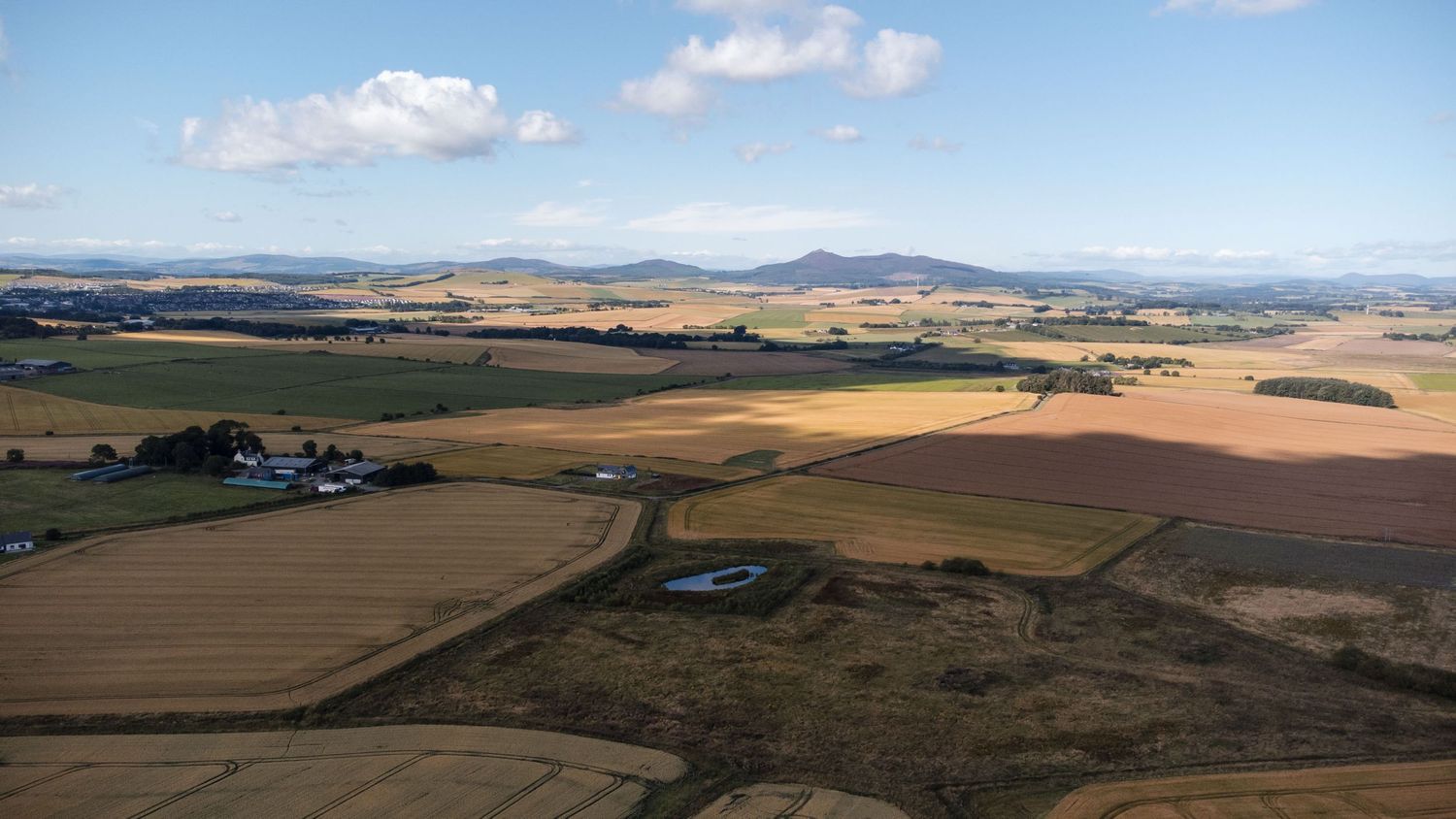 Panoramic aerial view of rolling farmland with golden wheat fields stretching to distant mountains under blue sky.