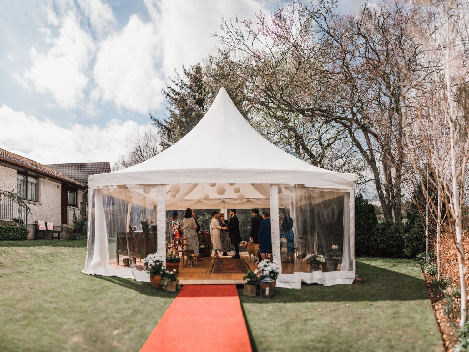 White wedding tent set up outdoors with a red carpet entrance and guests gathering inside.