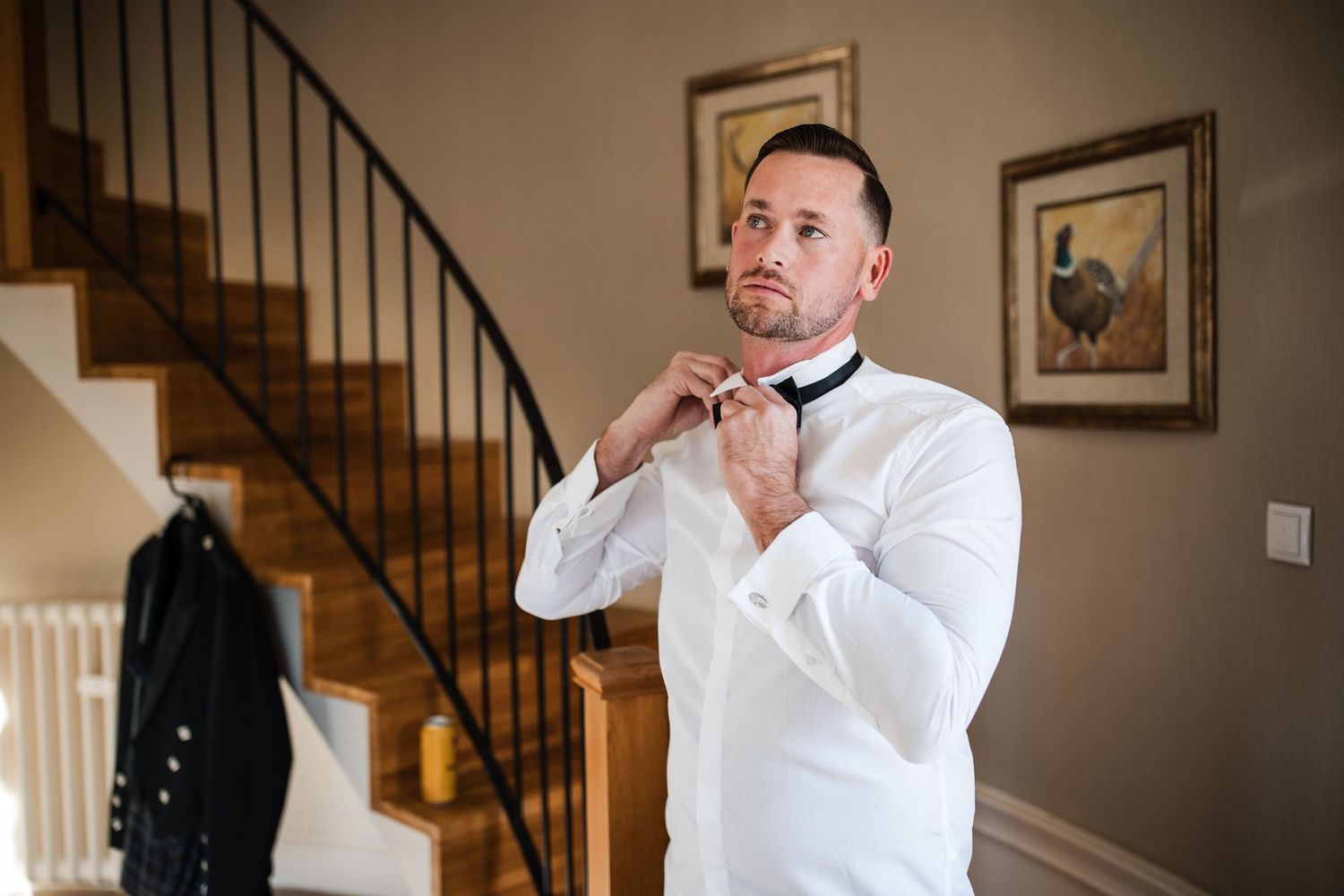 Aberdeen Wedding Photography. Getting ready scene with white dress shirts and morning preparations.