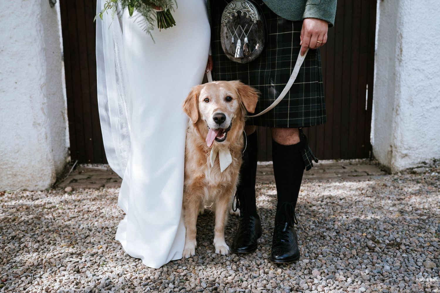 Aberdeen Wedding Photography. Golden retriever poses between wedding couple wearing traditional Scottish attire.