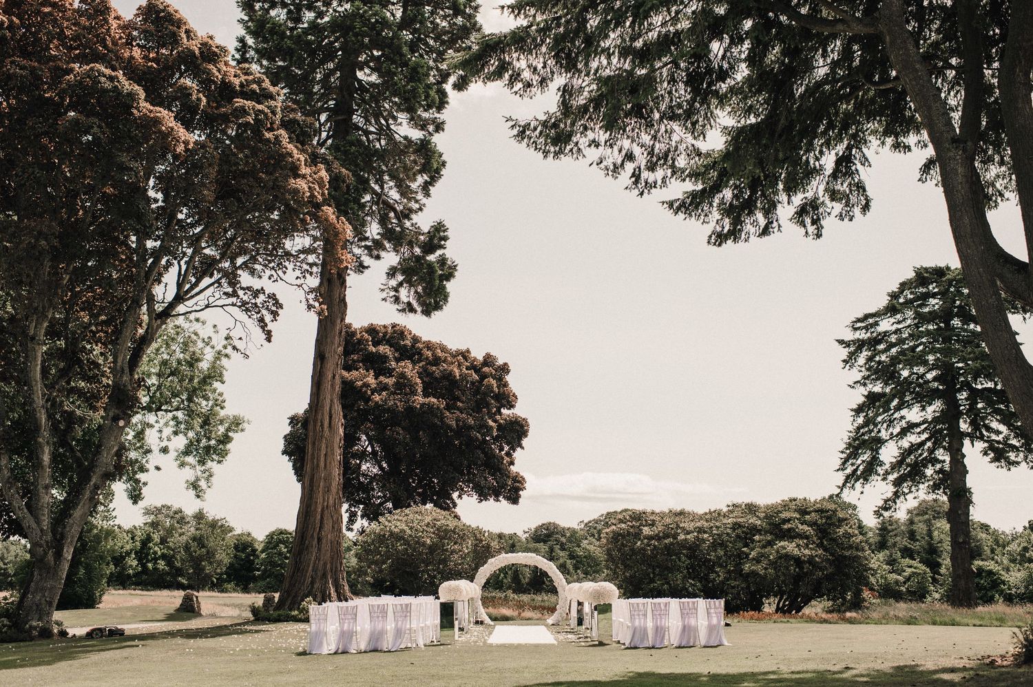 White chairs set up for an outdoor wedding ceremony under tall trees.