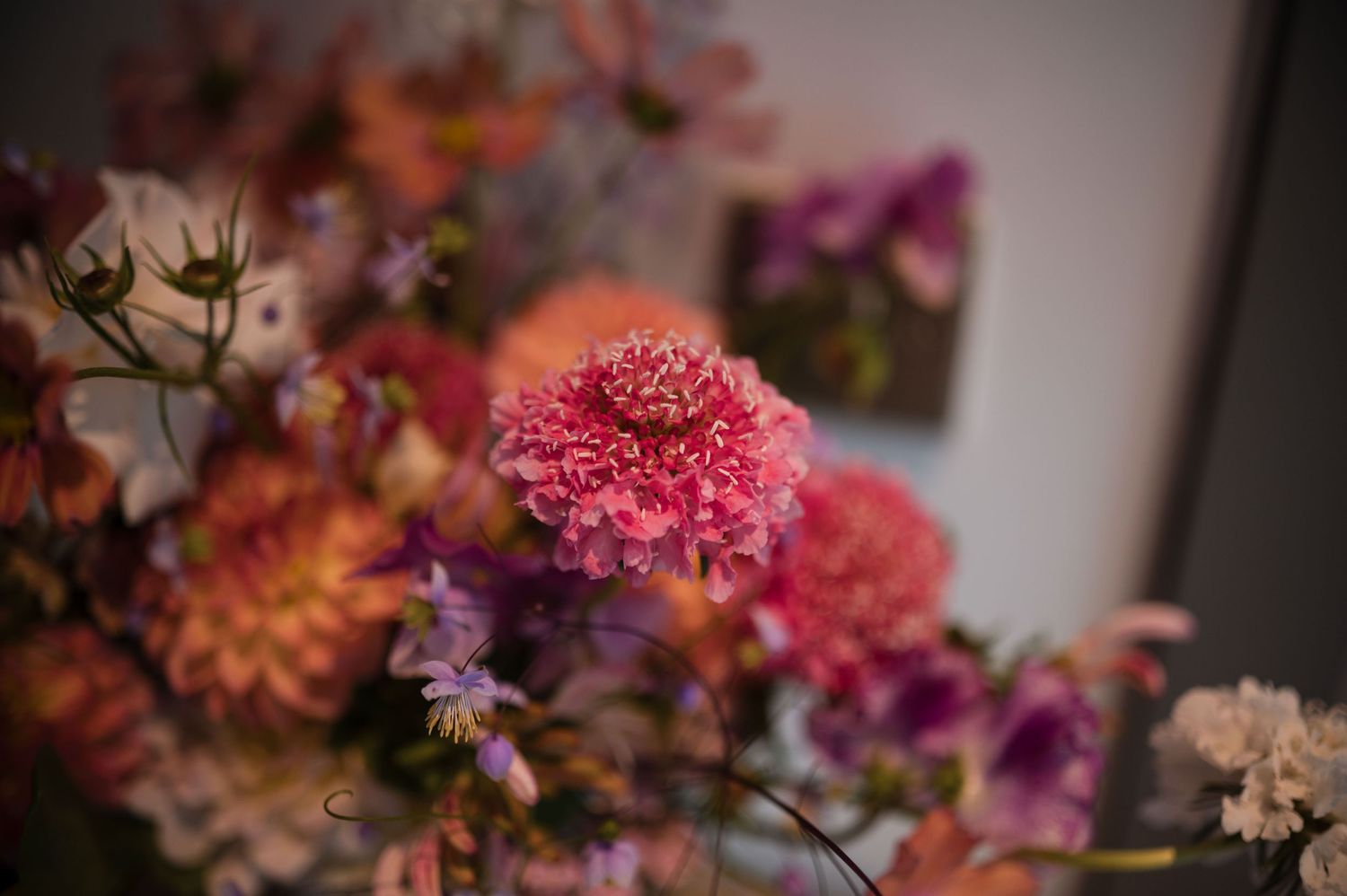 Close-up of a vibrant pink zinnia flower with blurred floral arrangements in the background.