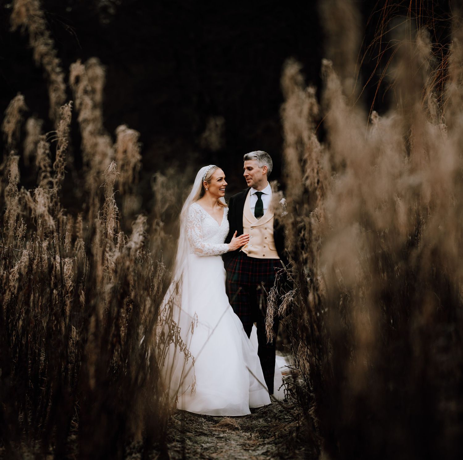 A romantic wedding portrait through tall brown grasses in a moody natural setting.