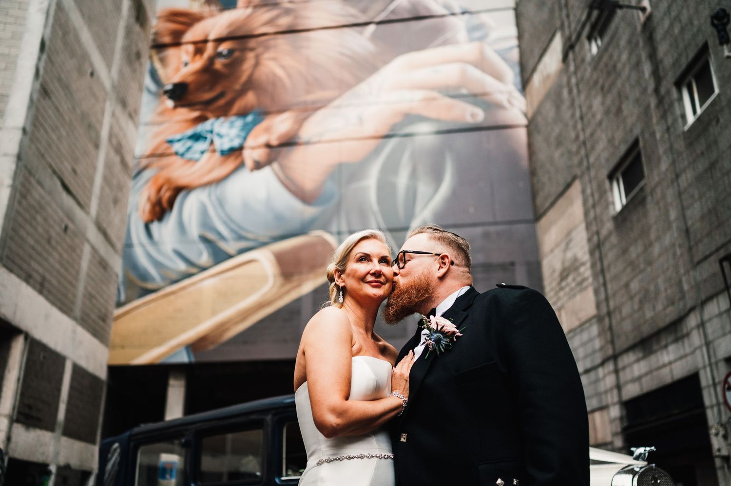 Aberdeen Wedding Photography. Urban wedding photos against industrial brick walls at sunset.