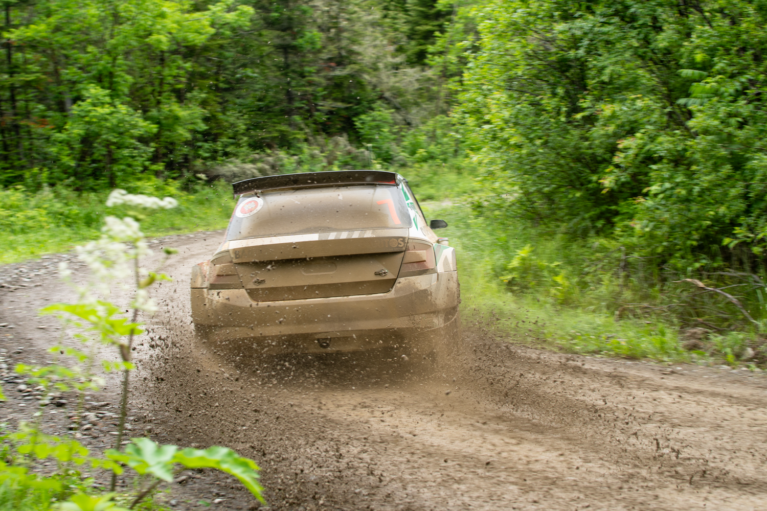 Subaru rally car slides through muddy forest corner creating dramatic rooster tails.