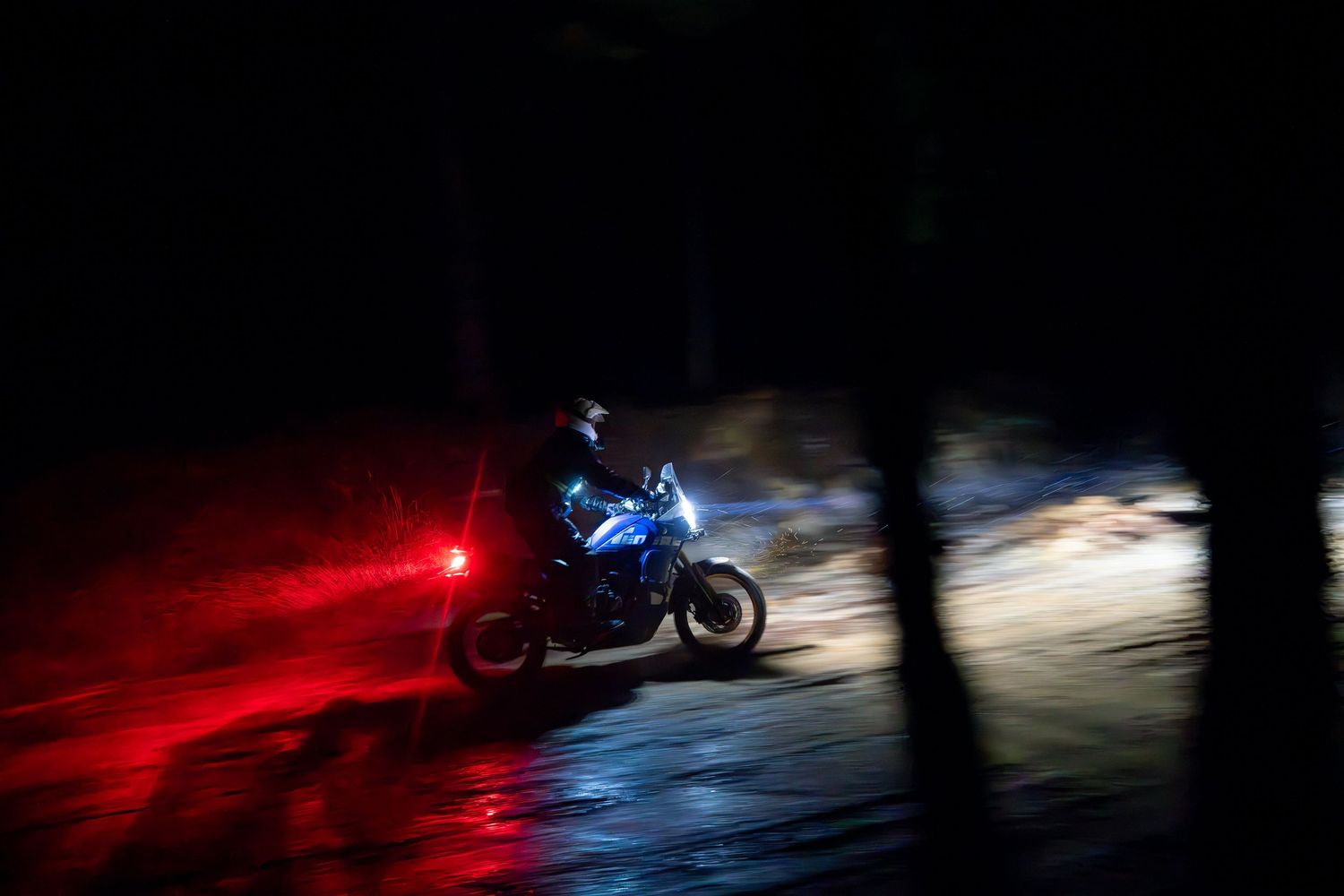 Motorcycle with red taillight races through dark forest at night.