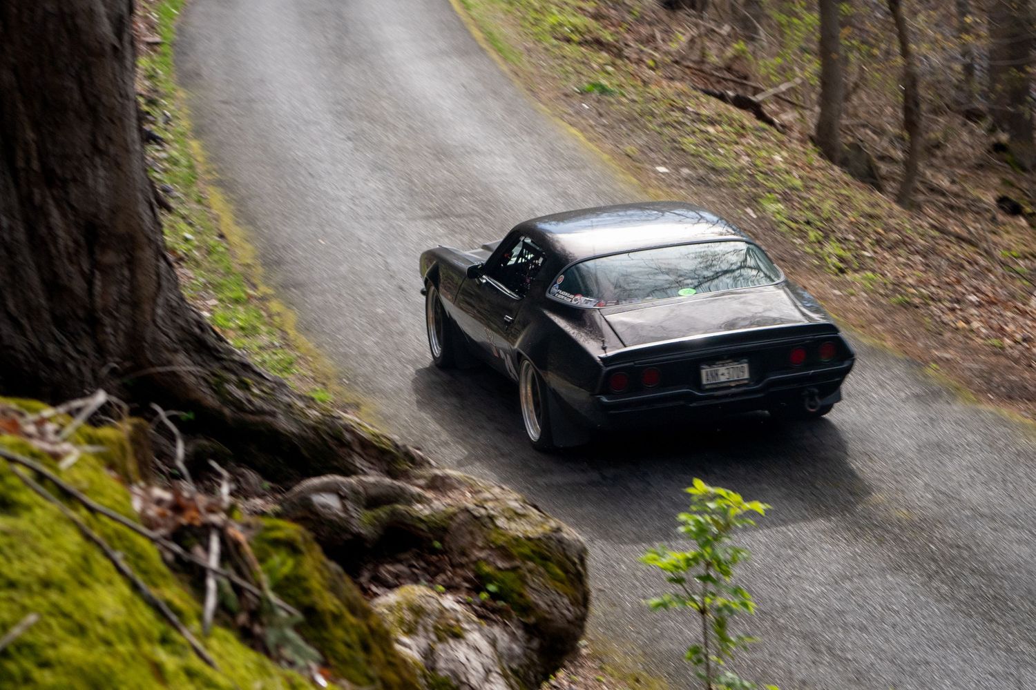 Dark classic muscle car driving on a wet winding forest road surrounded by moss-covered rocks and trees.