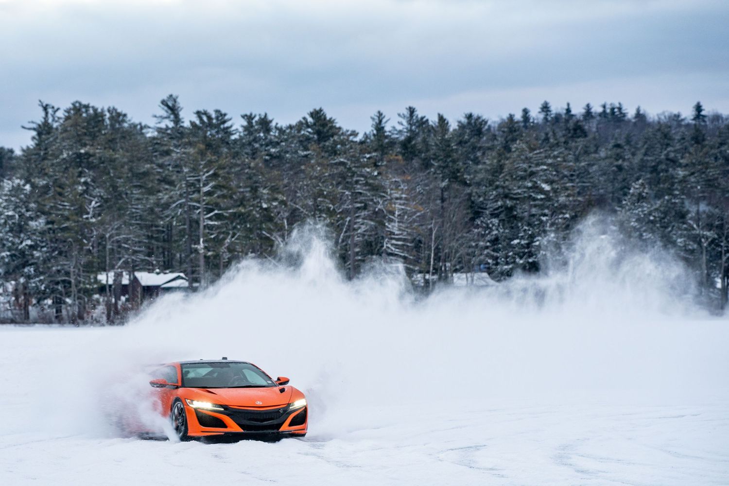 Sports cars drifting through snowy terrain against a pine forest backdrop.