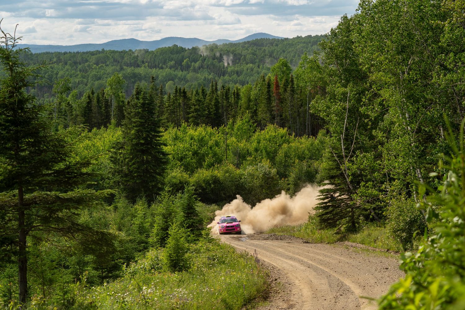 Scenic mountain landscape with rally car creating dust trails on winding dirt road.