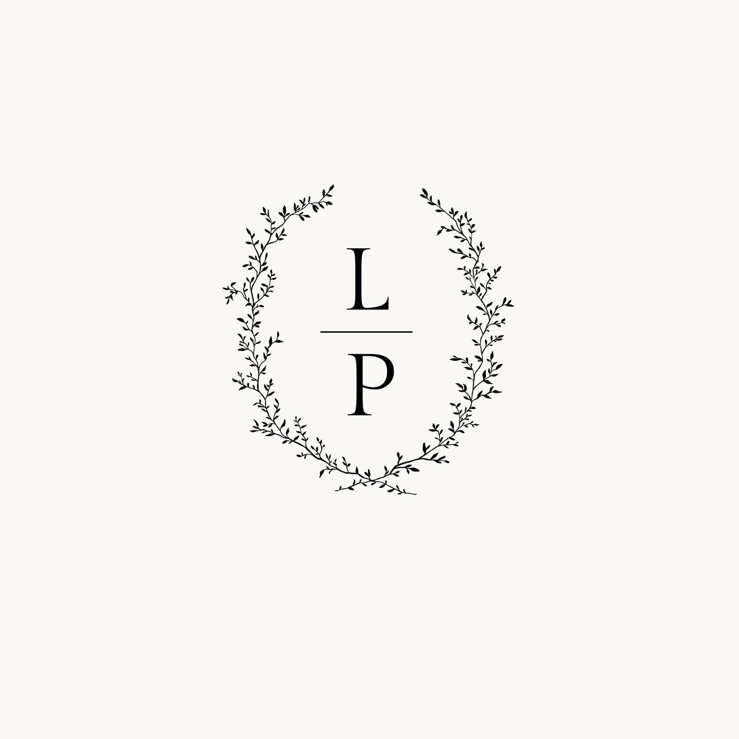 Elegant monogram logo with letters L and P framed by a delicate botanical wreath in minimalist black ink.