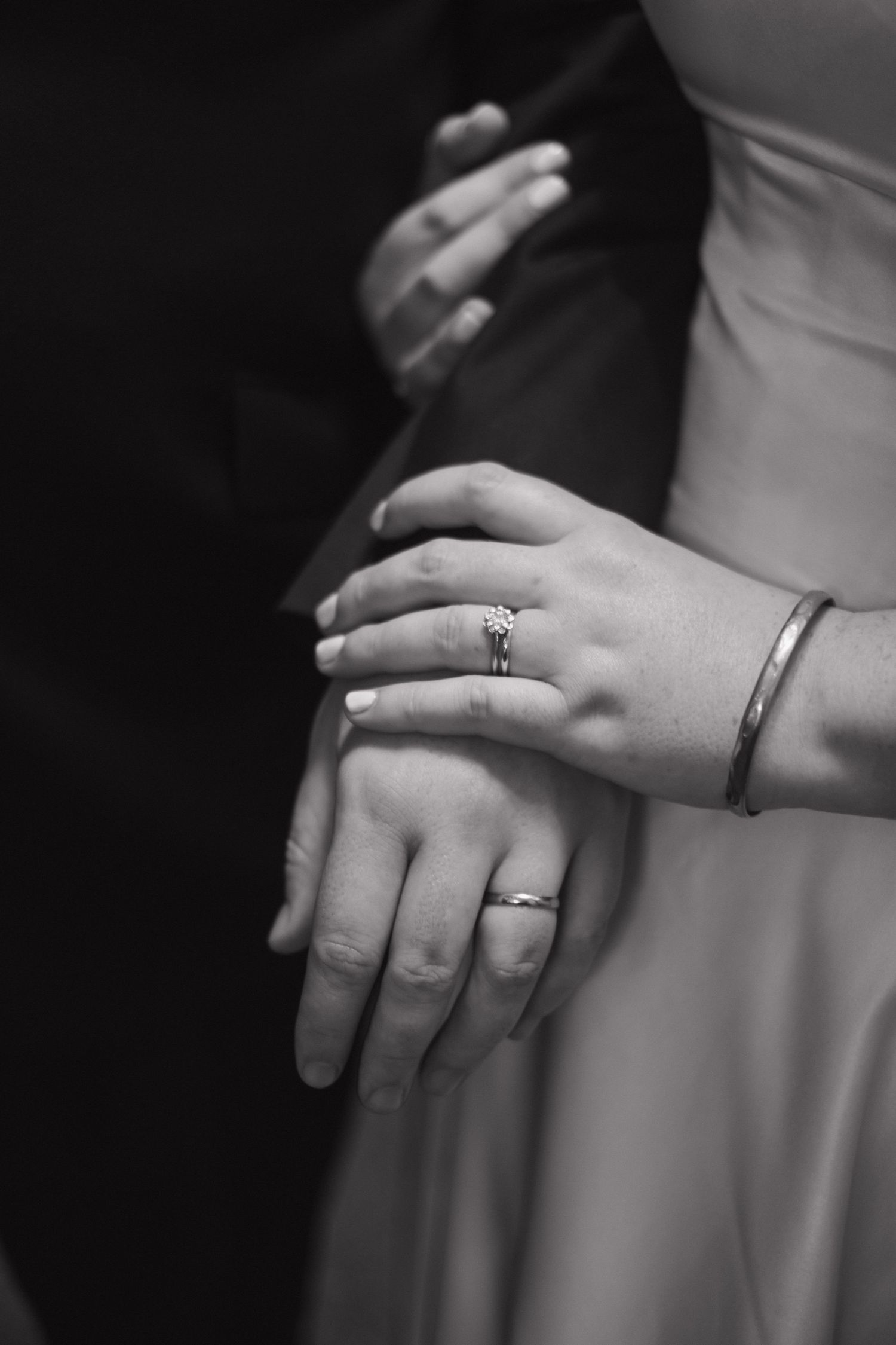 Close-up of hands wearing wedding rings and formal attire.