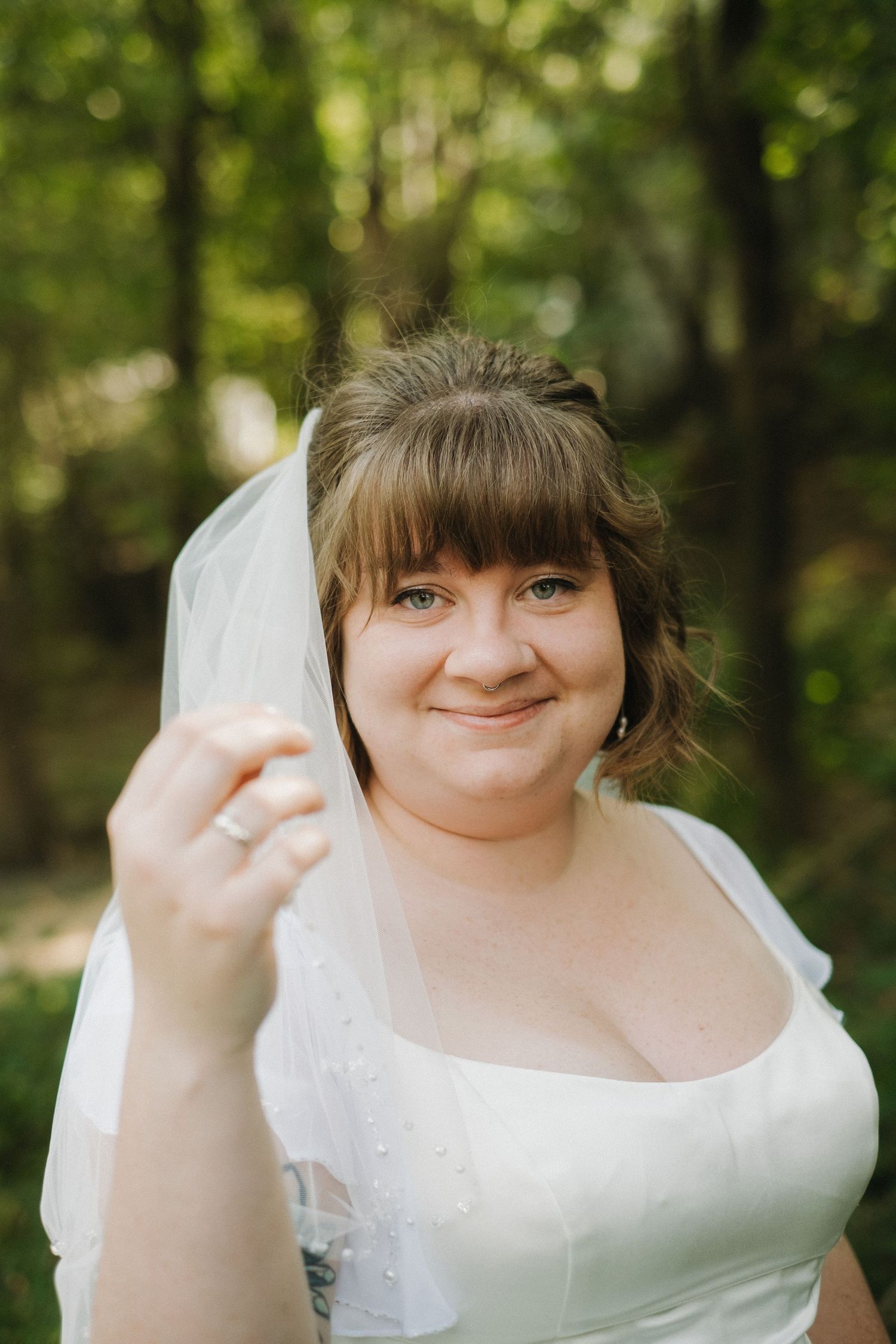 Sequence of bridal portraits in a natural outdoor setting with soft bokeh background.