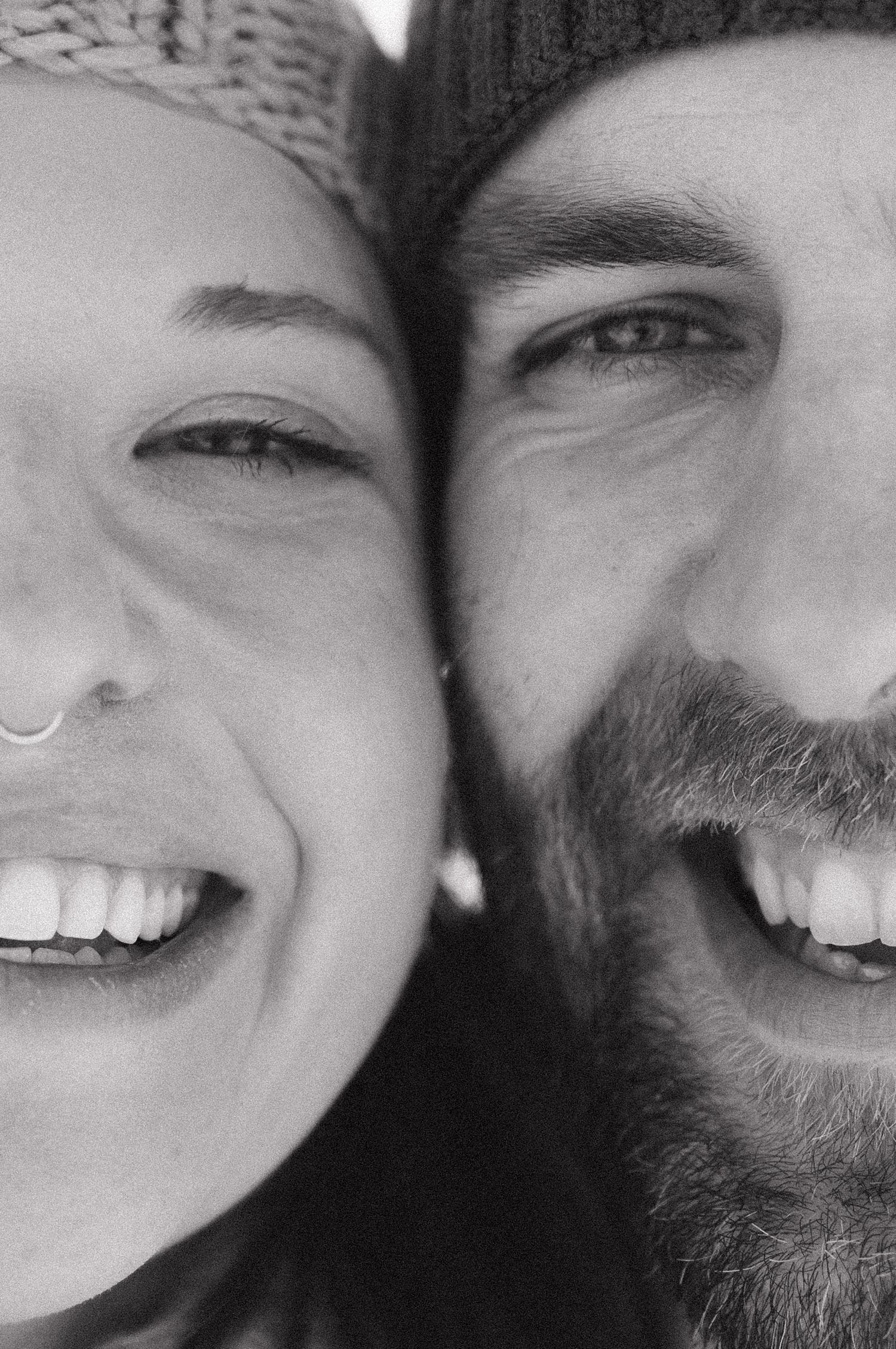 Close-up photos showing joyful expressions and laughter between two people in a series of candid moments.