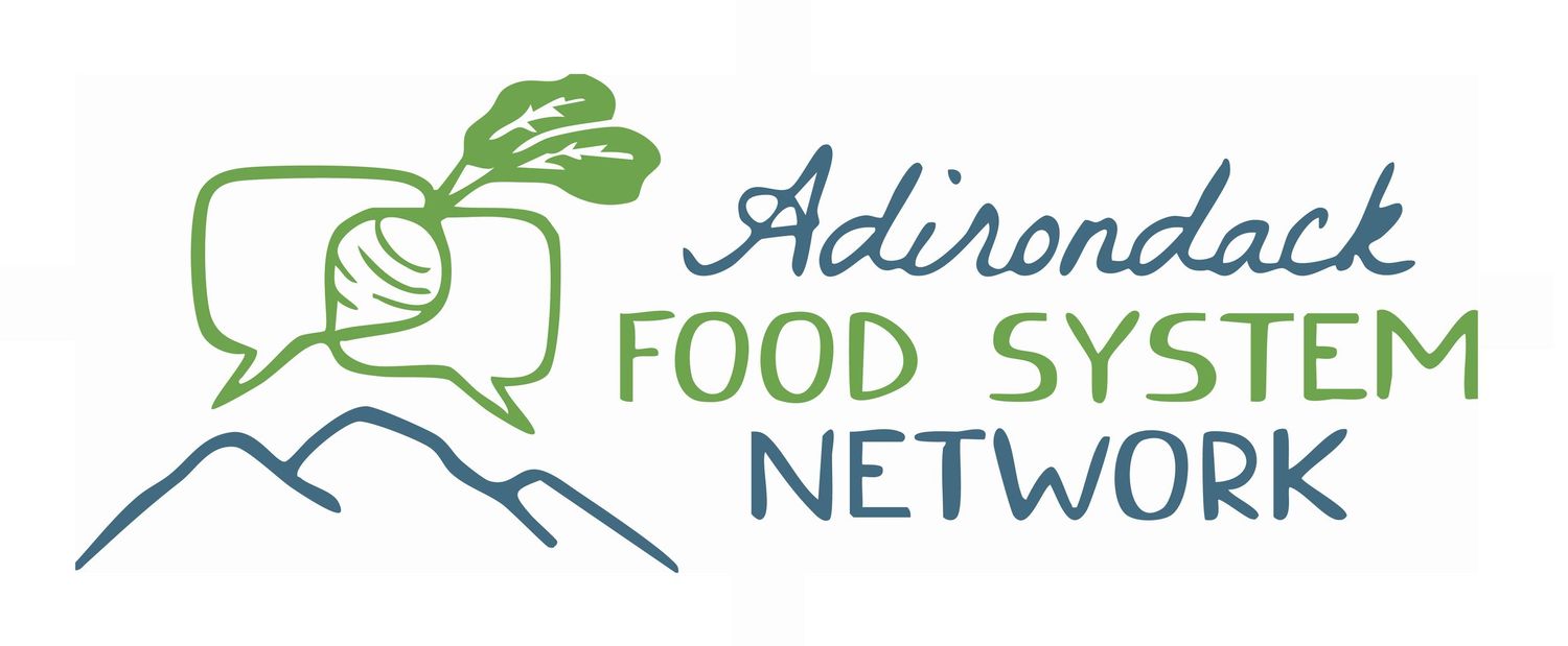 Green leaf logo design for Adirondack Food System Network with mountain peaks.