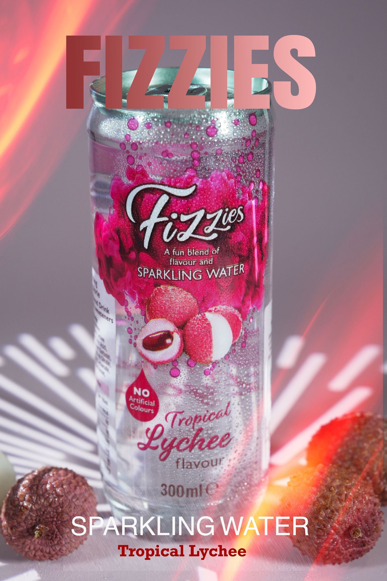 Tropical lychee flavored sparkling water can with pink design elements.