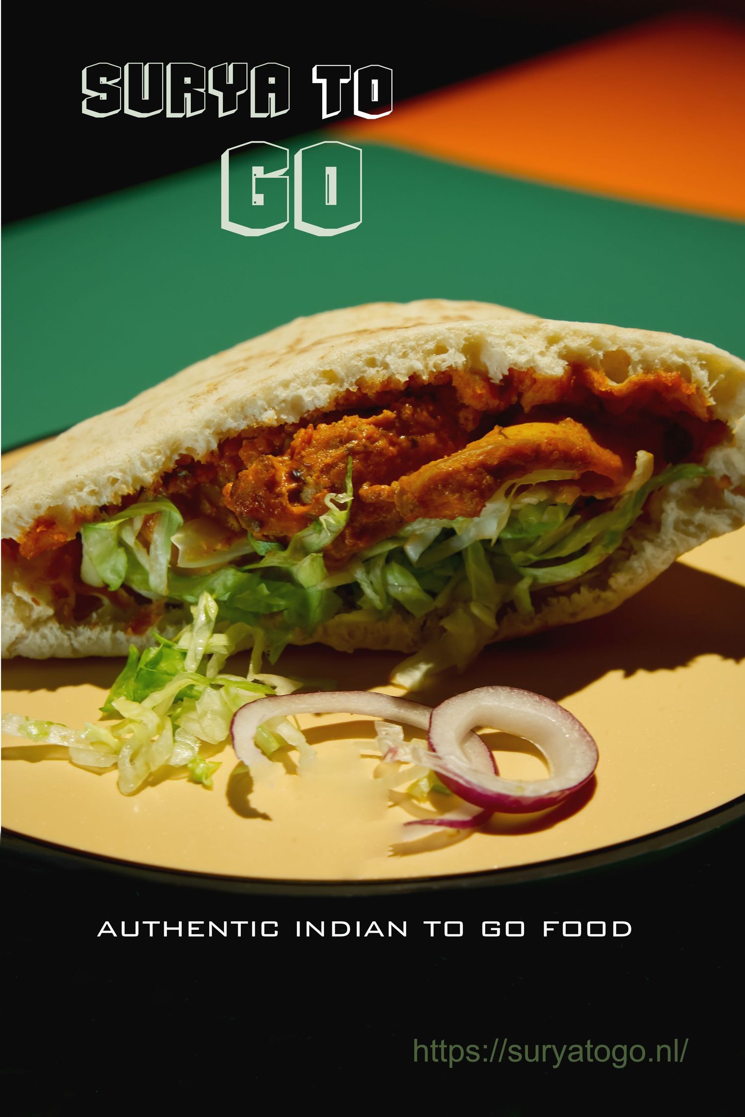 Close-up shots of Indian naan bread sandwiches filled with fresh lettuce and onions on disposable plates.