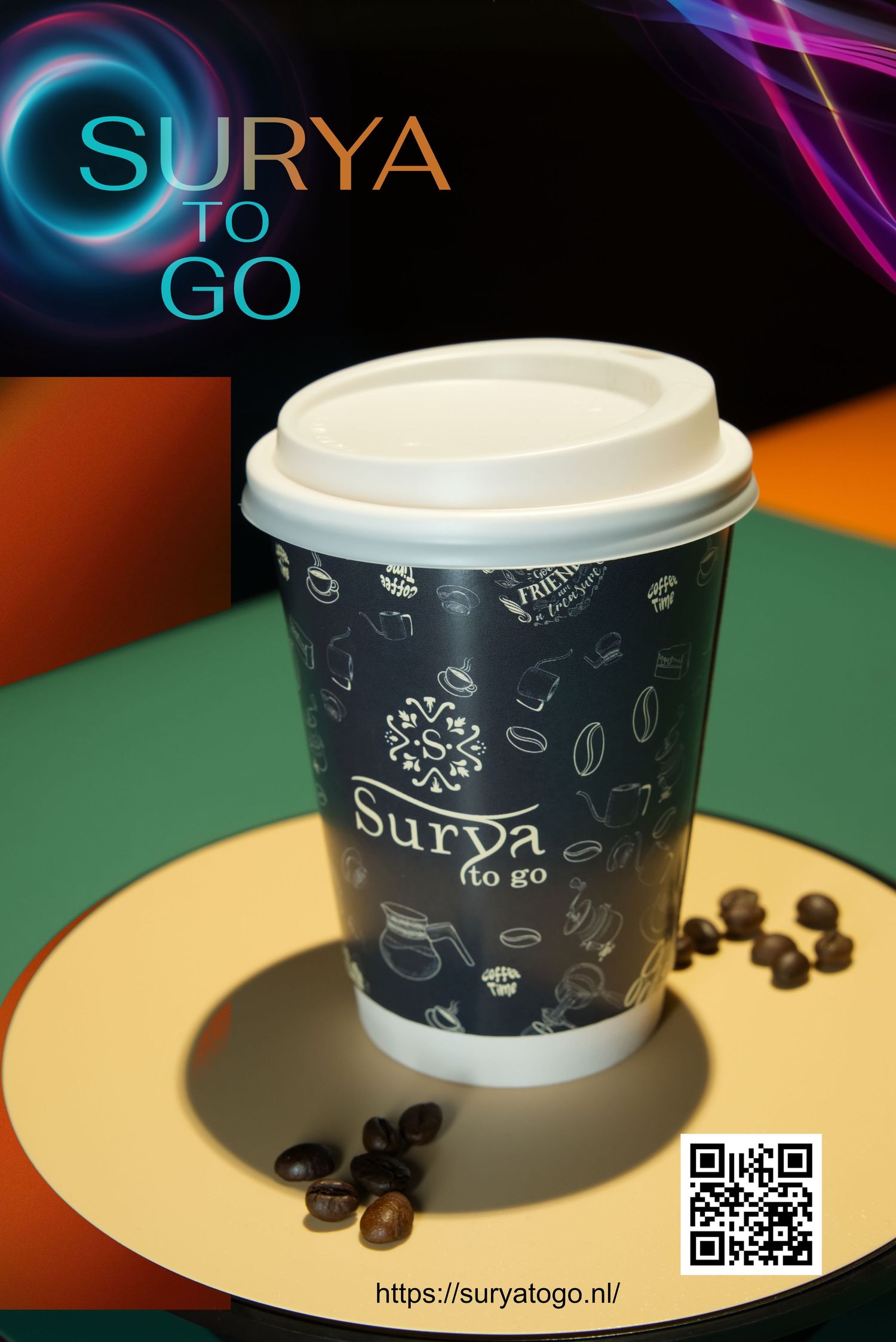 A series of black coffee cups with Surya to Go branding and coffee beans displayed against colorful backgrounds.