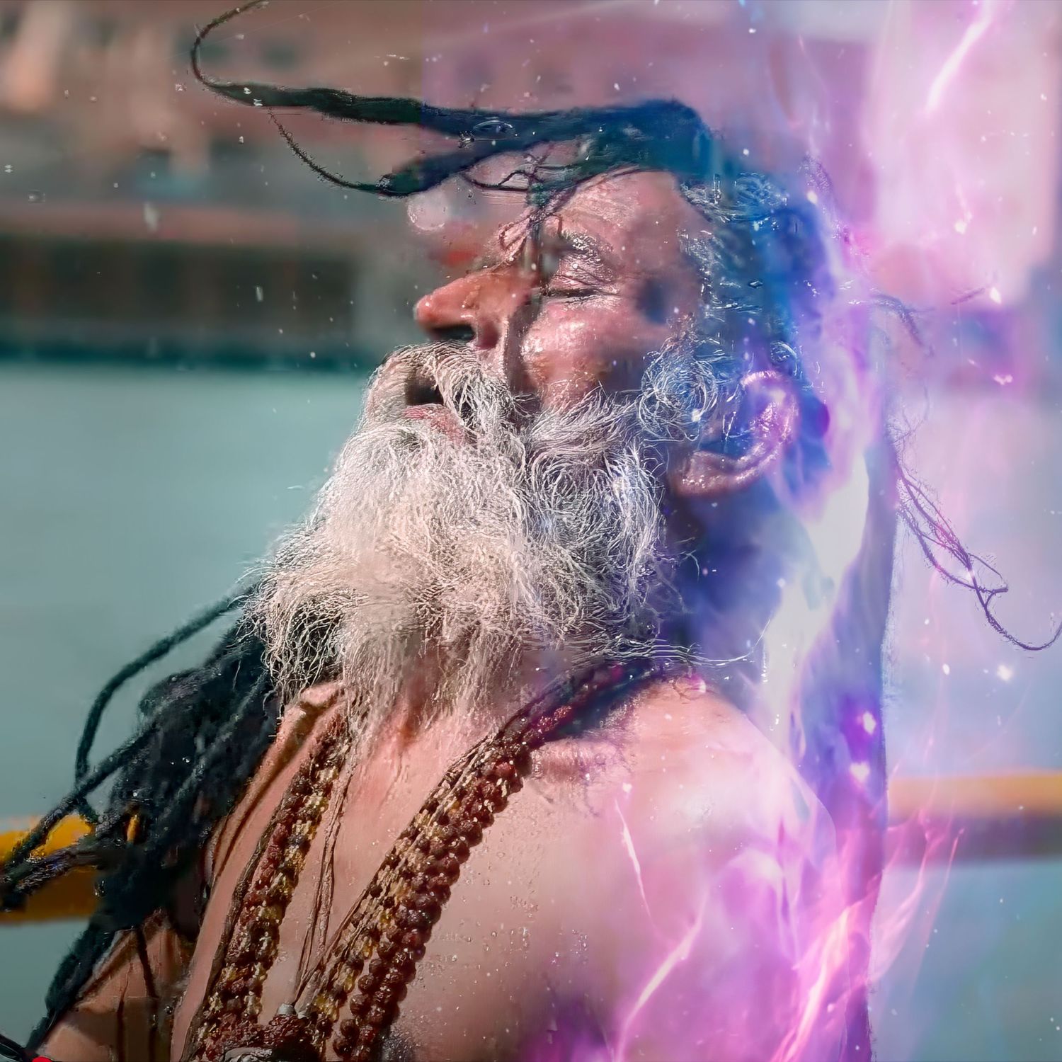 Close-up shots of a bearded person with dreadlocks in dramatic purple lighting.