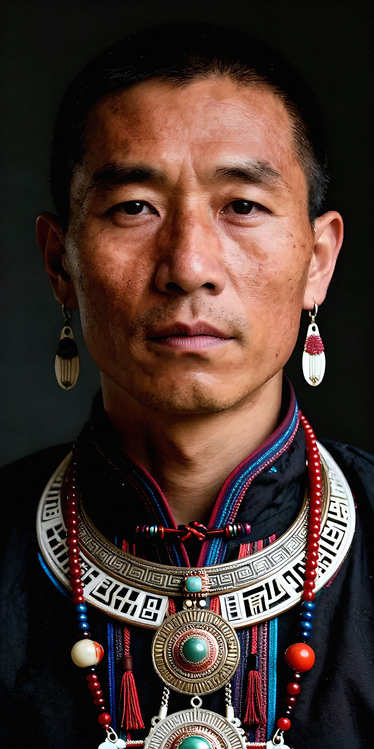 Close-up portrait featuring intricate tribal jewelry with turquoise stones and red beaded details.