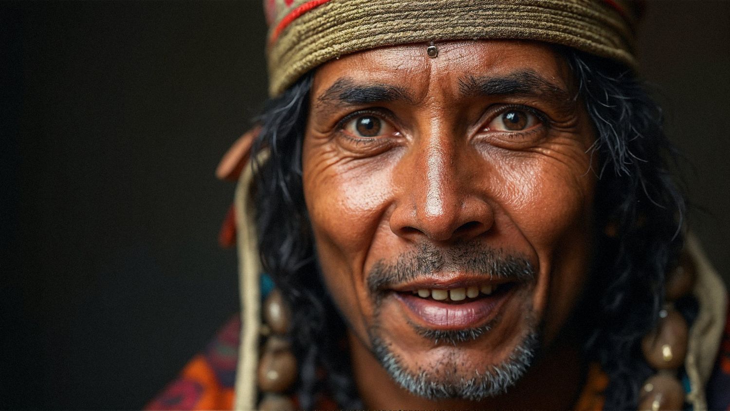 Portrait of an Indonesian man wearing traditional headwear and jewelry against dark background.