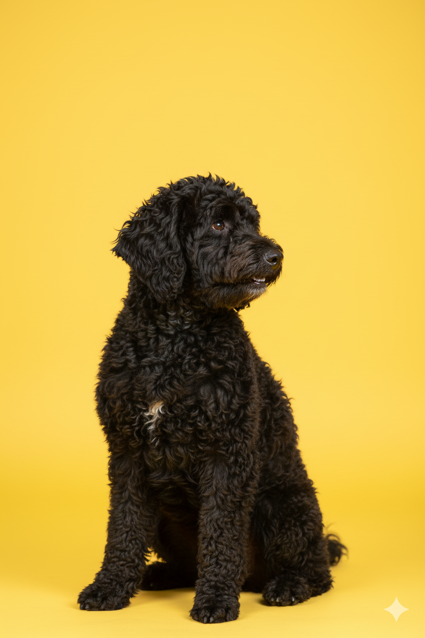 Black curly-haired dog sitting against a bright yellow studio background.
