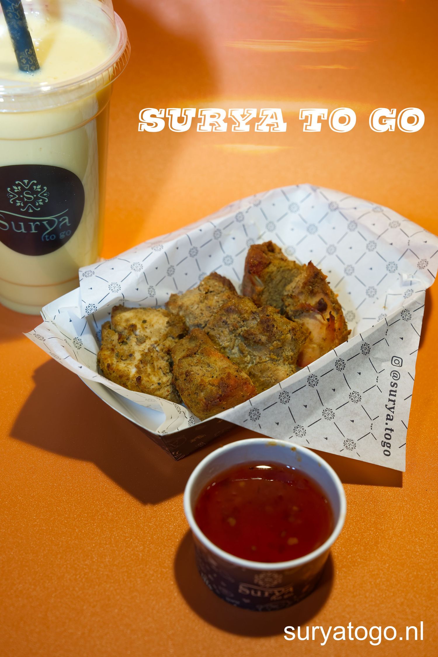 A series of food photos showing crispy fried appetizers in paper wrappers with a red dipping sauce on an orange surface.