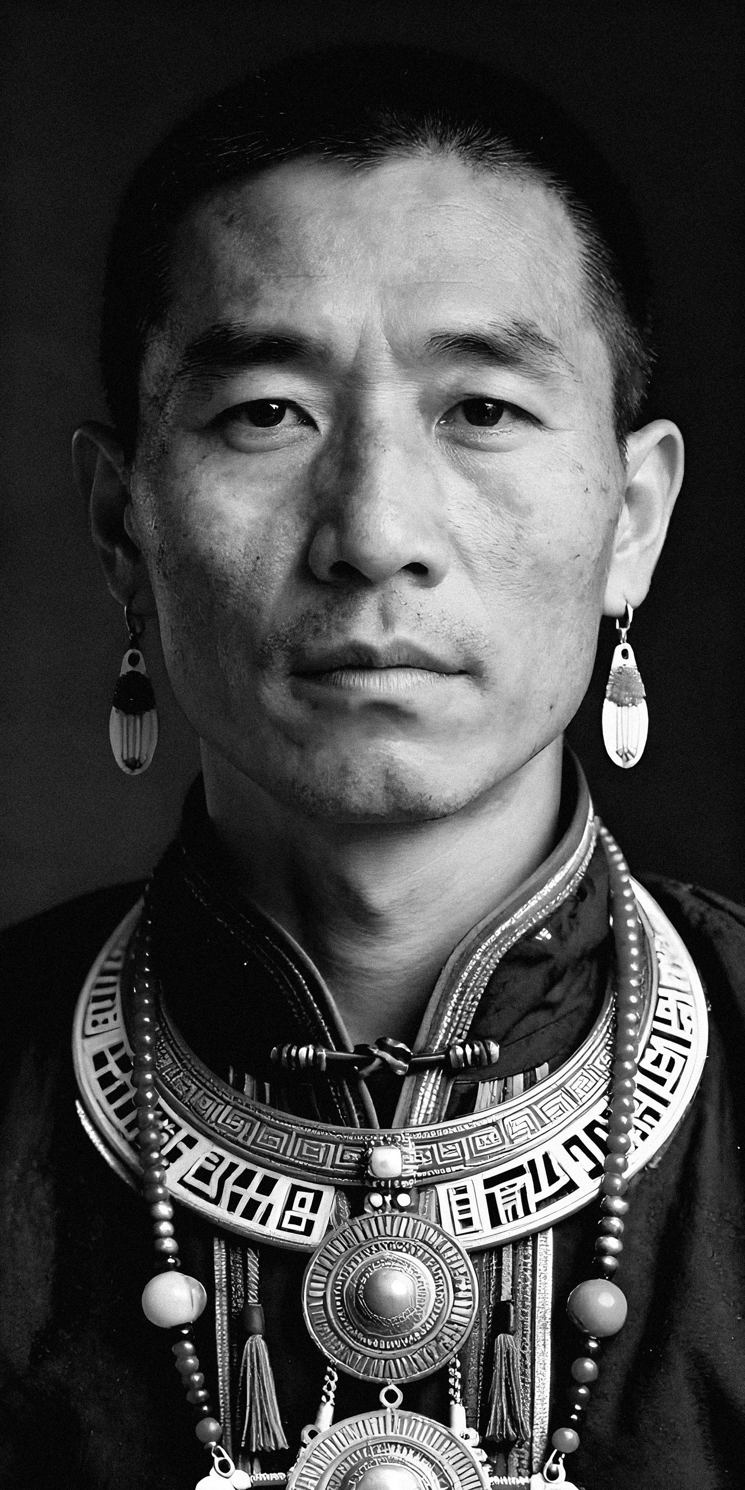 Black and white portrait of man wearing traditional Asian tribal necklace and earrings.