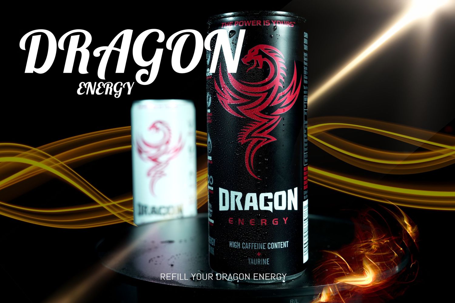 Dragon energy drink cans with dramatic lighting and glowing effects.
